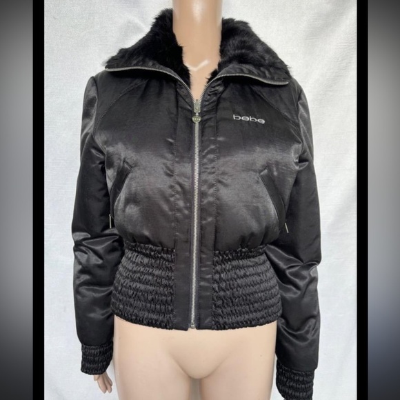 Bebe Y2K Black Puffer Jacket Goose Down Feather Rabbit Fur Lining - Picture 2 of 7